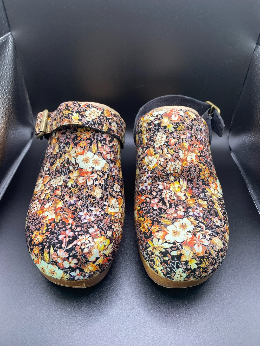 White Mountain Floral Clogs in Black, Orange and Cream